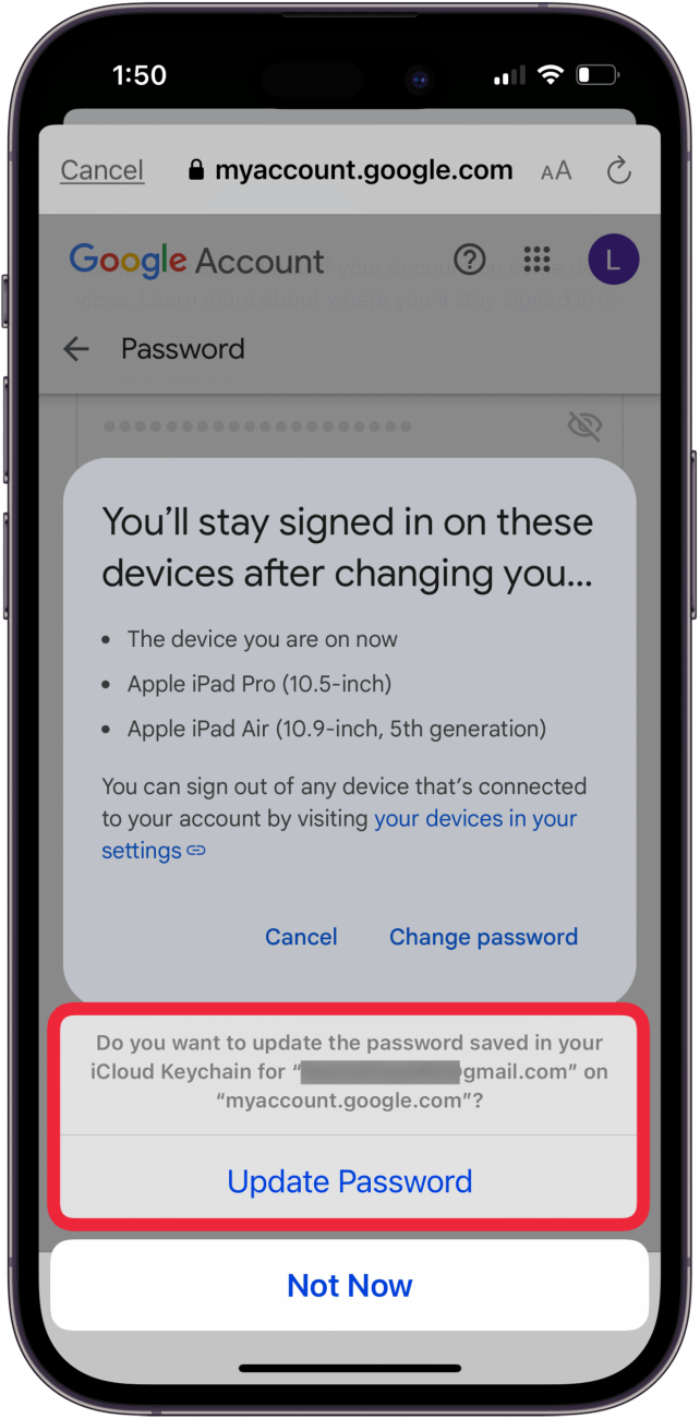 tap update password to update icloud keychain