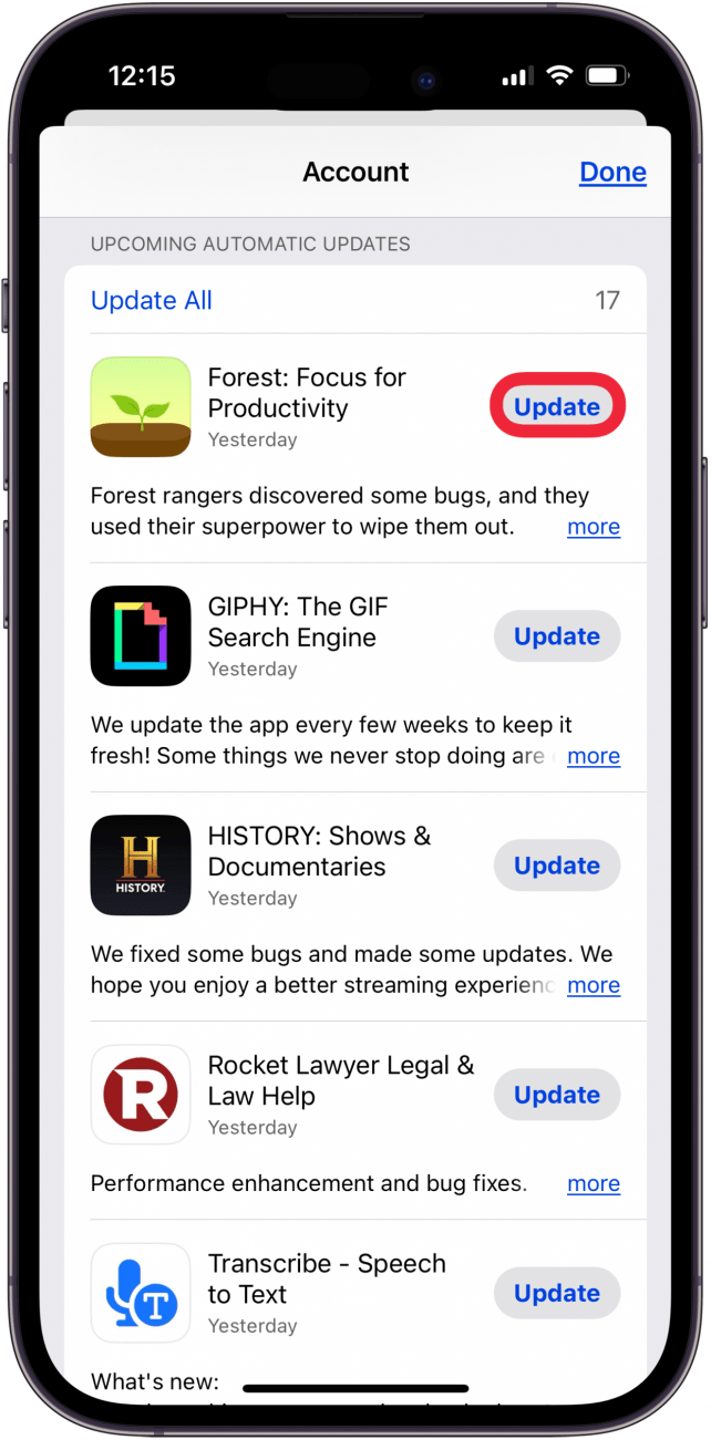 tap update to update app if app is buggy