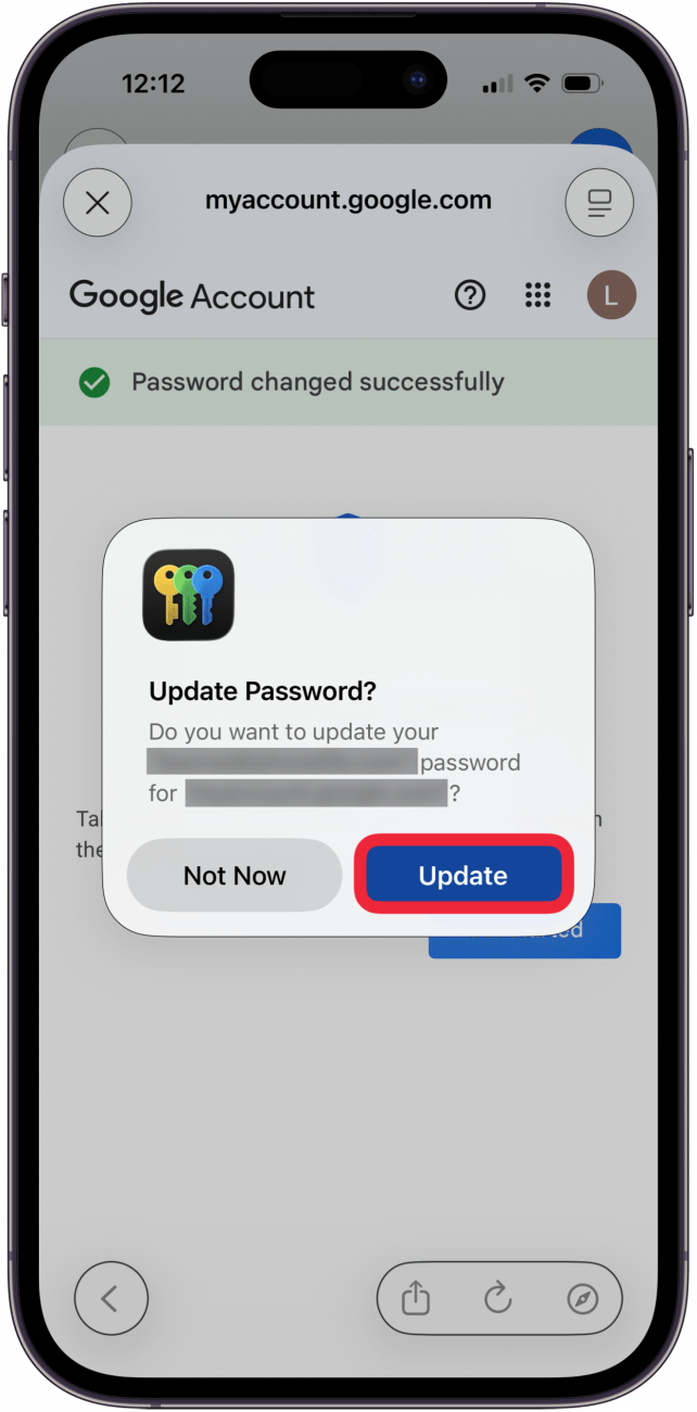tap update to update password