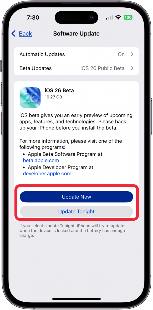 tap update tonight or update now