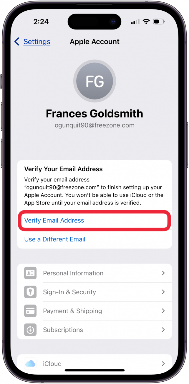 tap verify email address to make apple id