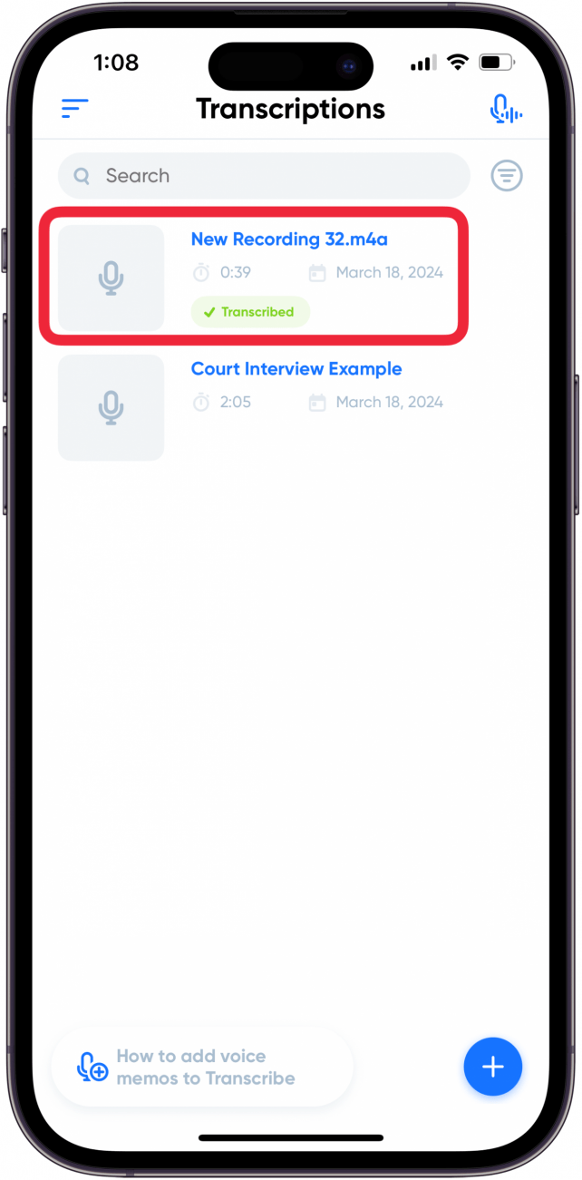 tap voice memo transcription to read transcript