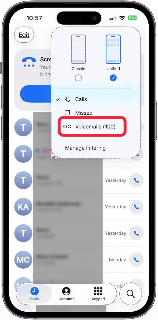 tap voicemails in the menu
