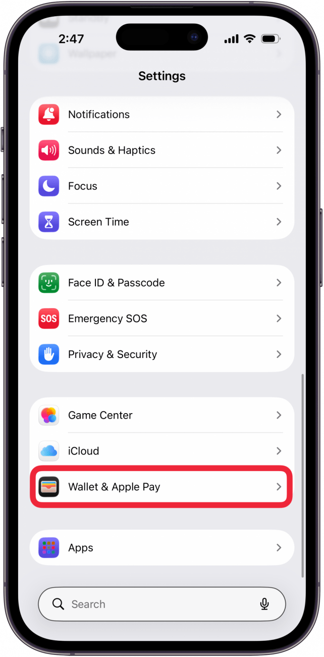 tap wallet and apple pay in settings