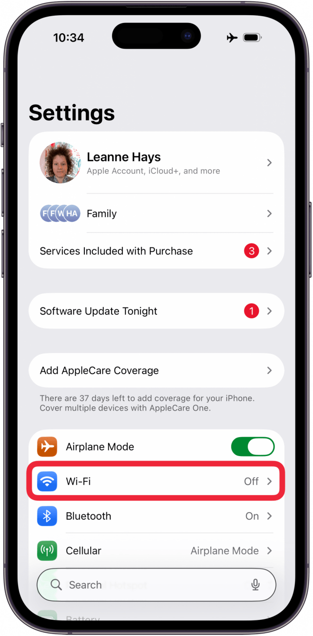 tap wifi in settings
