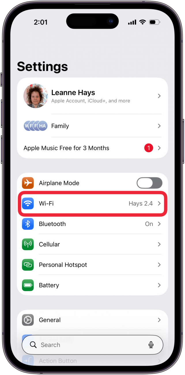 tap wifi in settings