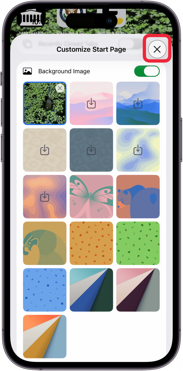 tap x after customizing safari start page