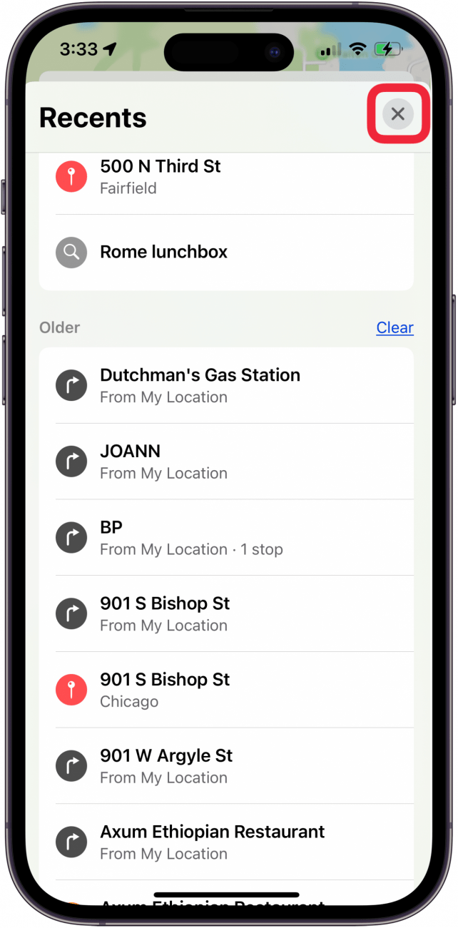 tap x to close iphone maps history