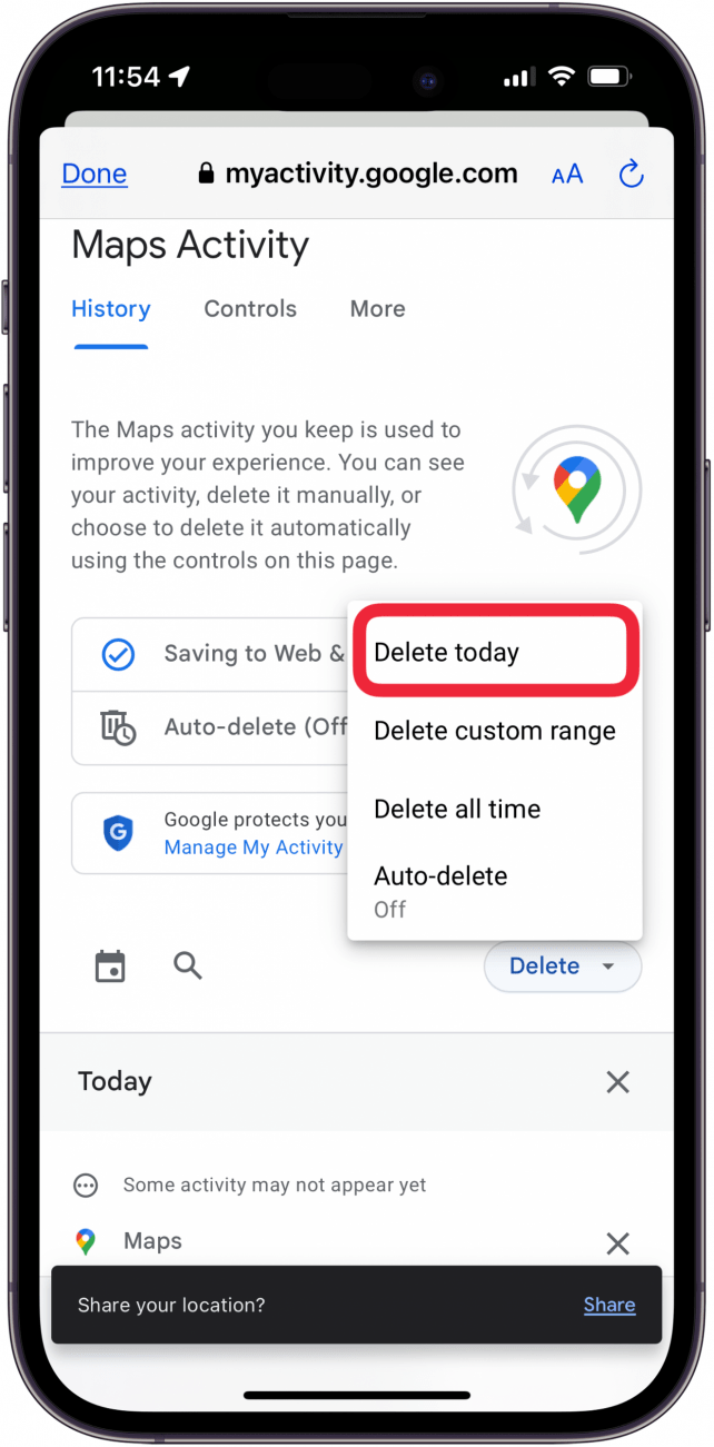 tap your date range of choice to delete that portion of google maps search history