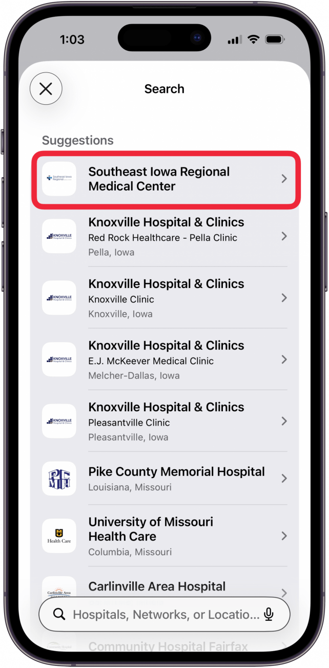 tap your doctor's office in list