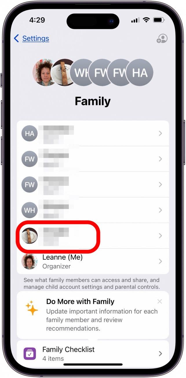 tap your ex name in the family group