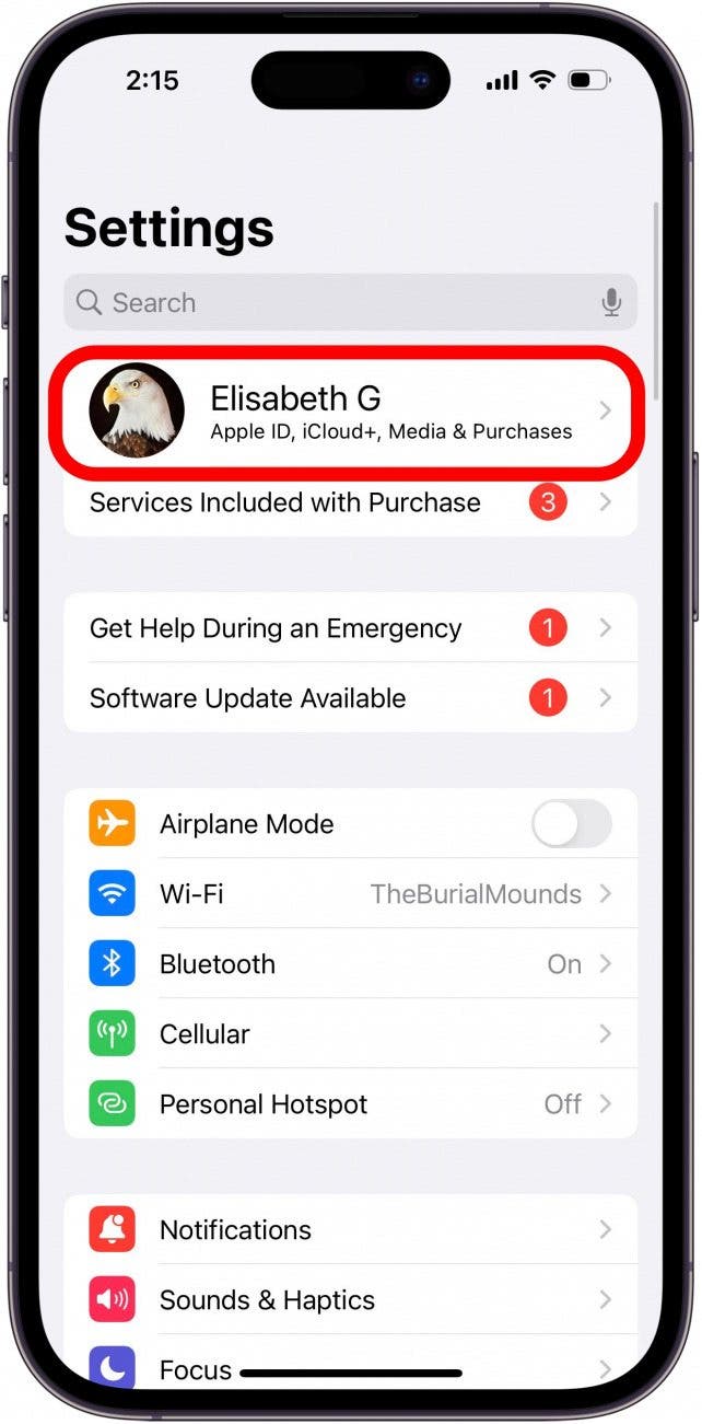 tap your name in the banner at the top of settings