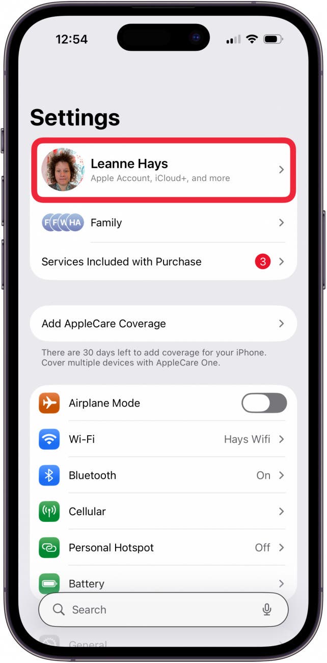 tap your name in the banner at the top of the screen