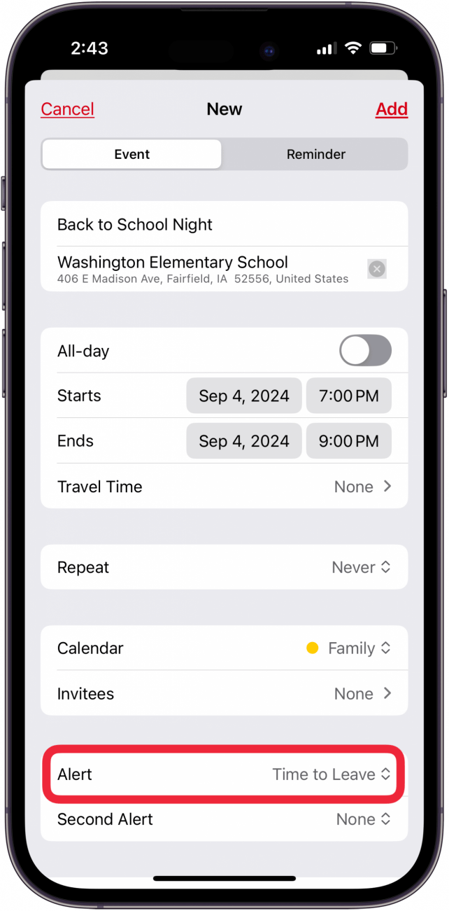 time to leave alert in iphone event