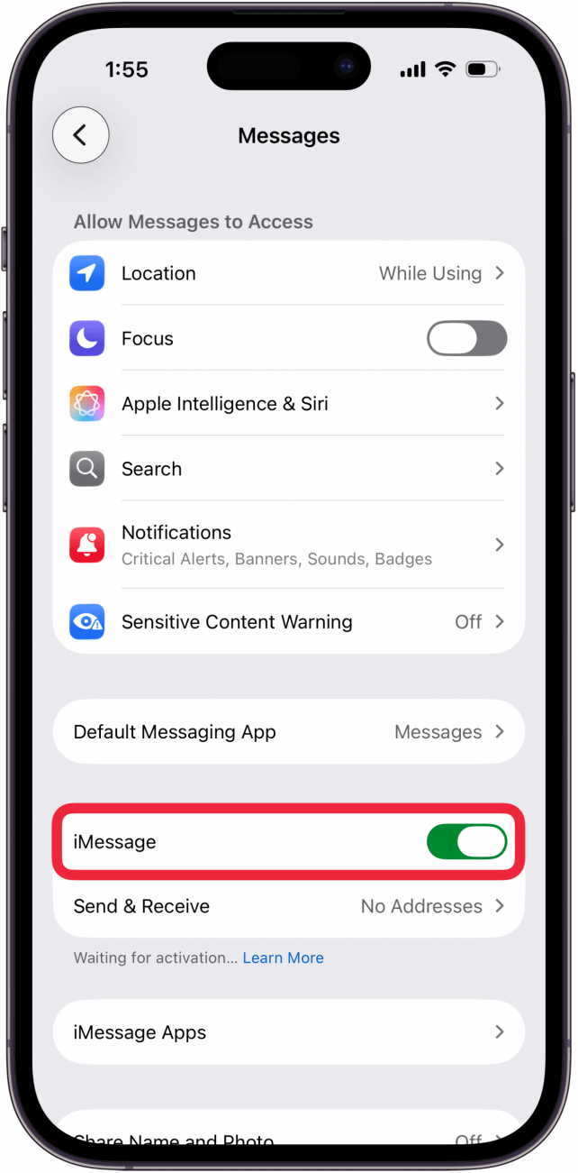 toggle imessage back on