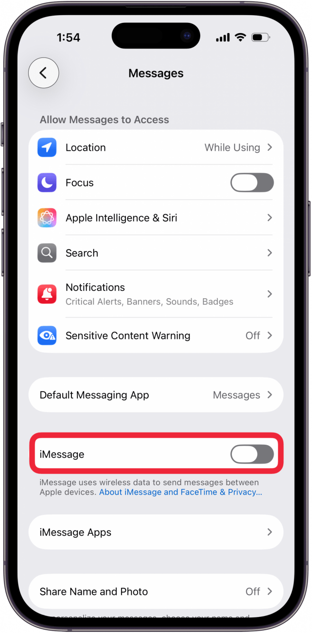 toggle imessage off
