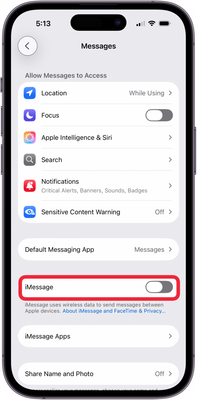 toggle imessage off in messages app settings