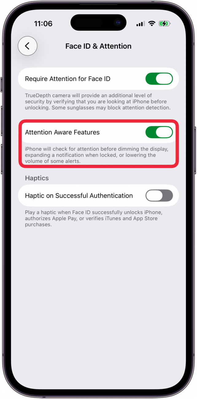 toggle off attention aware features