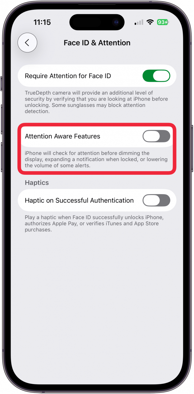 toggle off attention aware features if iphone alarm volume low