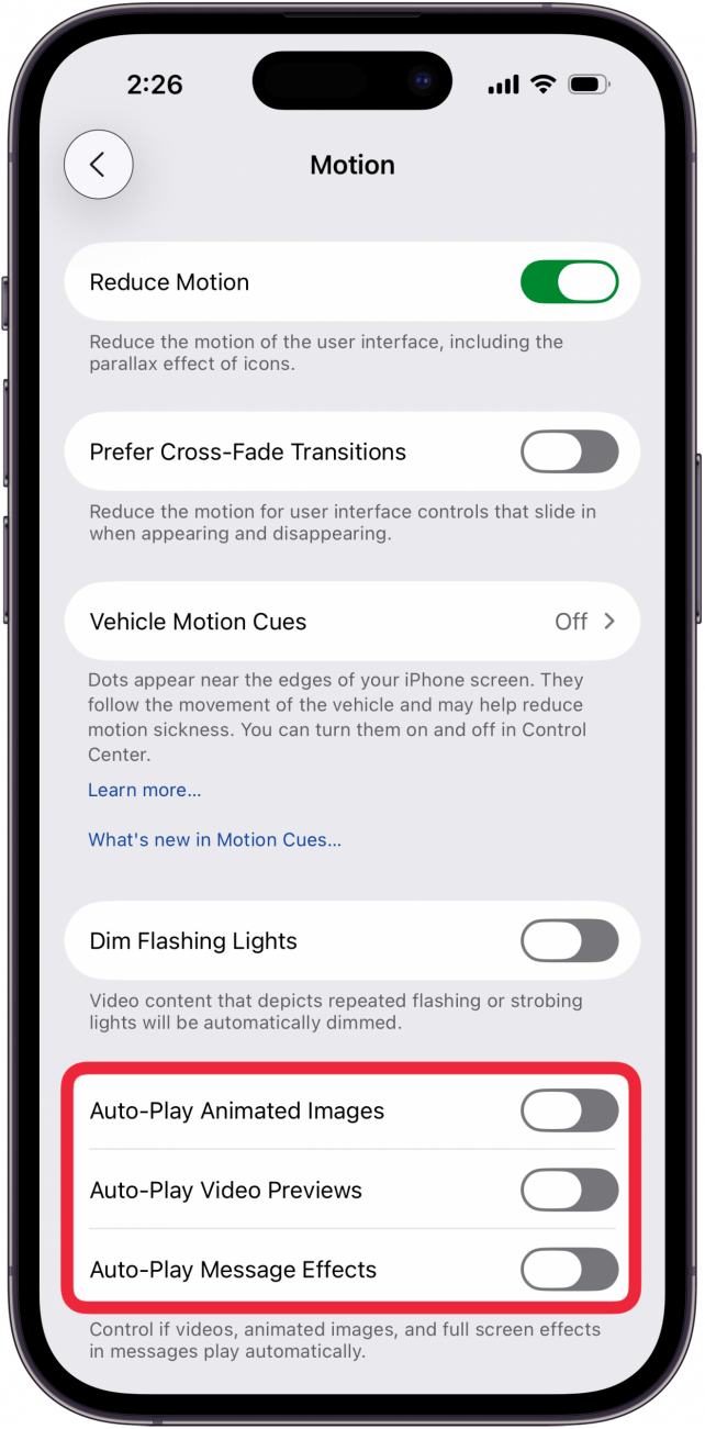 toggle off auto play images, previews, effects