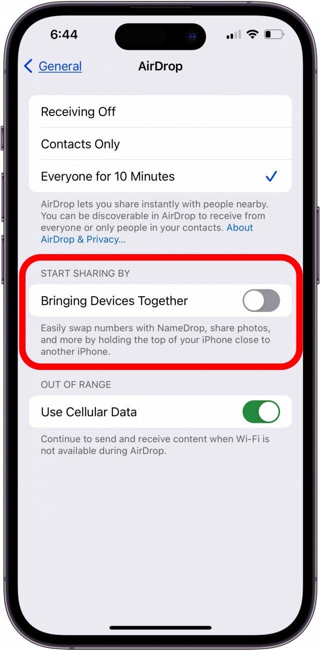toggle off bringing devices together in airdrop settings