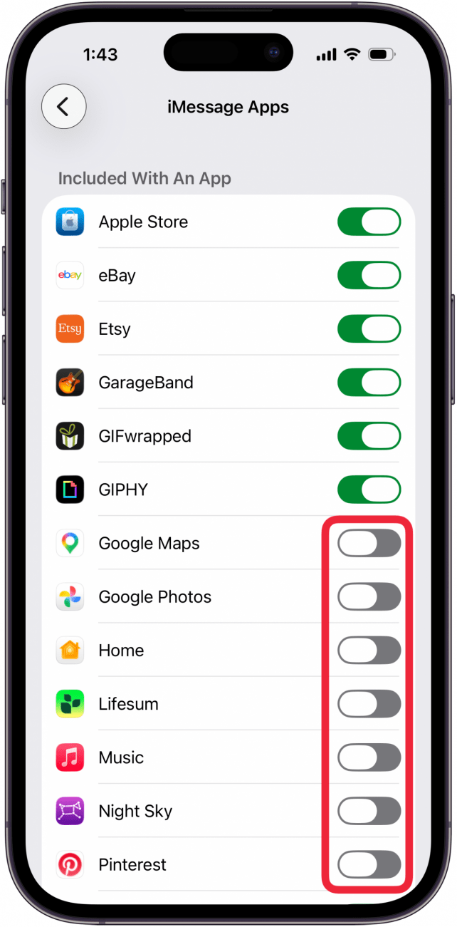 toggle off imessage apps