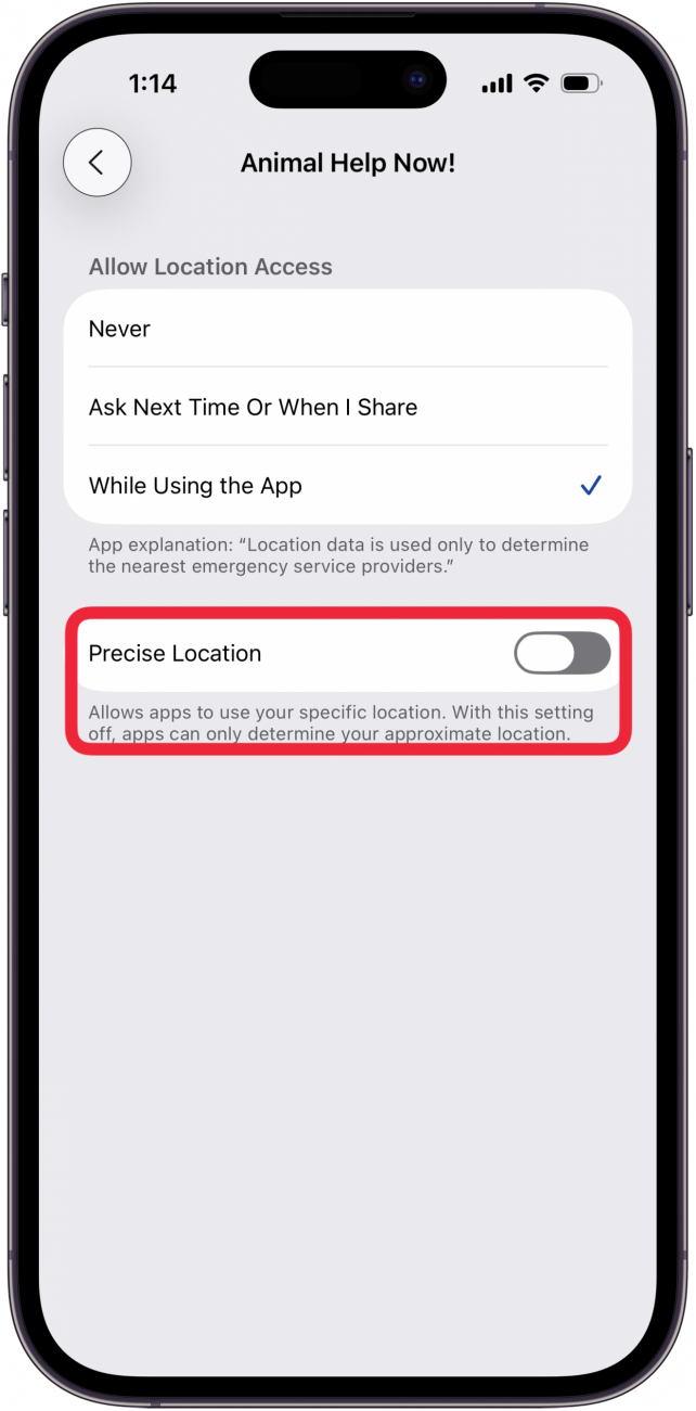toggle off precise location in location services