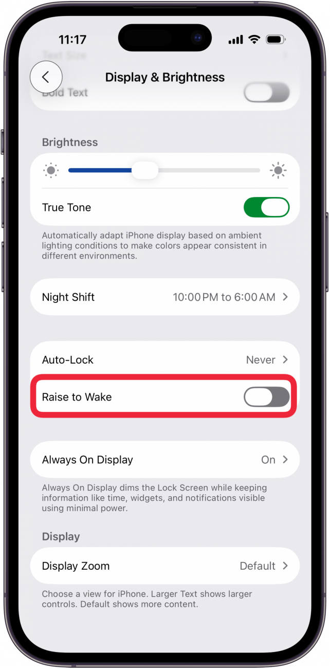 toggle off raise to wake in display and brightness settings