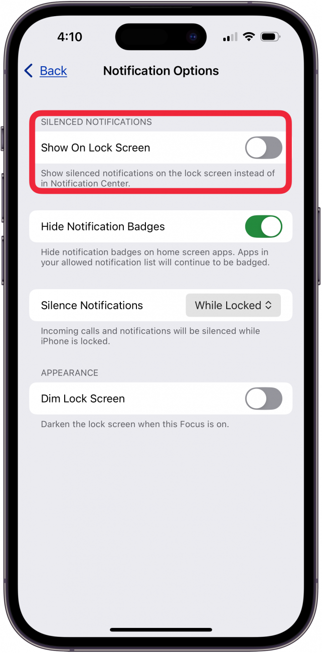 toggle off show on lock screen under silenced notifications