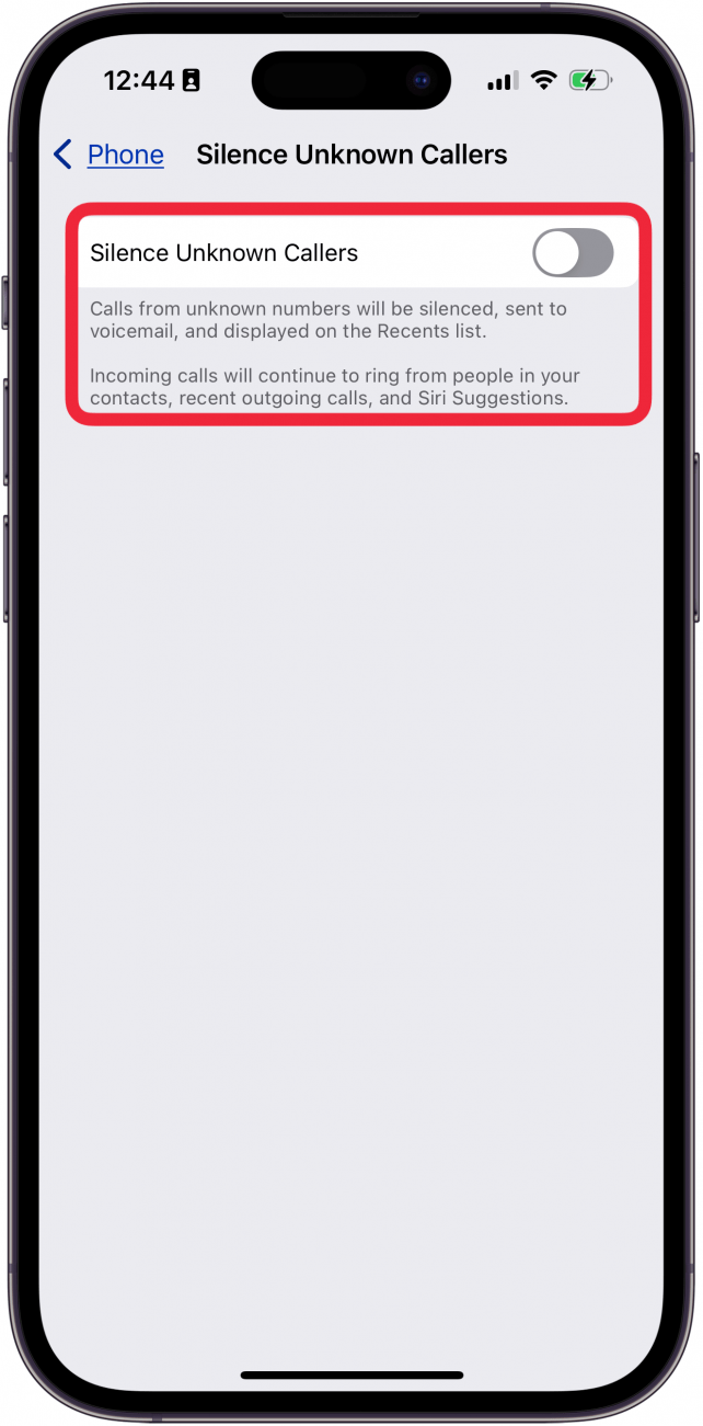 toggle off silence unknown callers