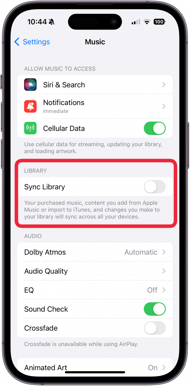 toggle off sync library in apple music settings