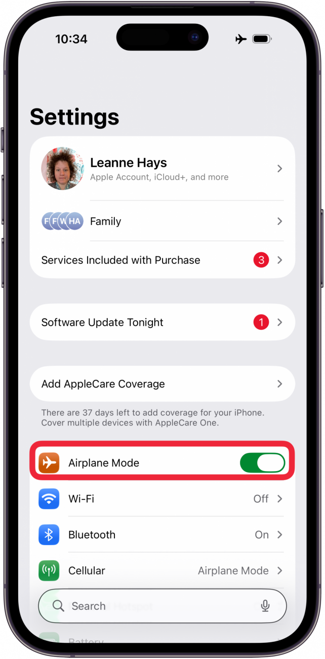 toggle on airplane mode in settings