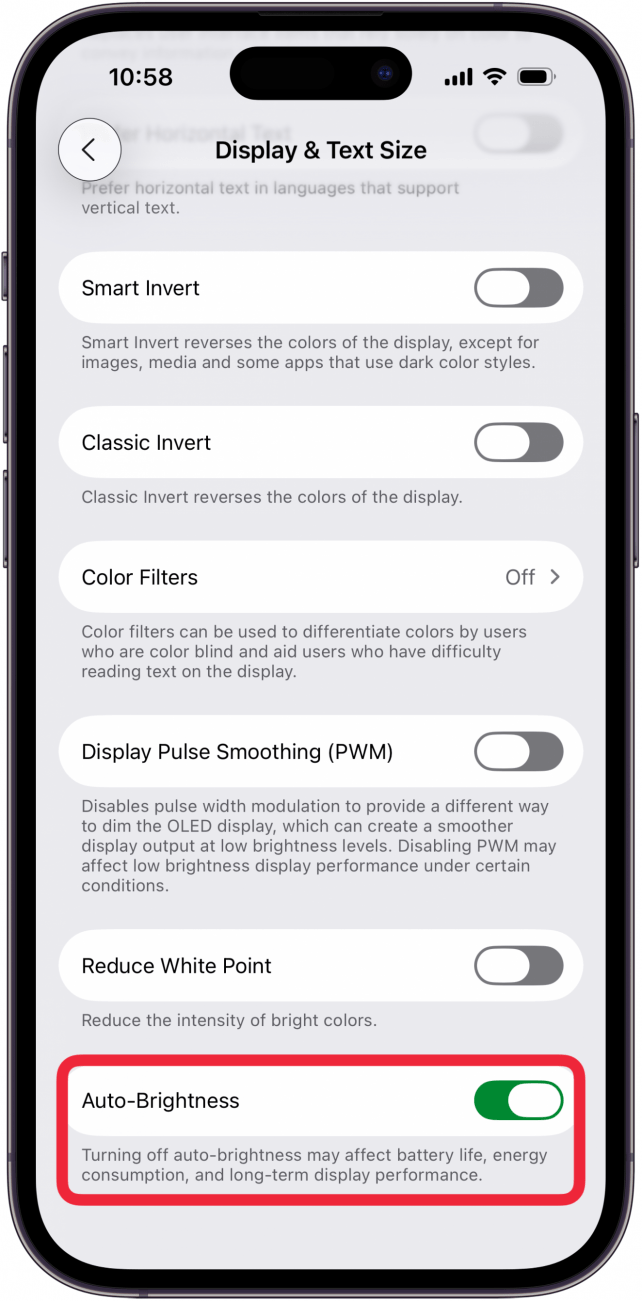 toggle on auto-brightness in display and text size settings