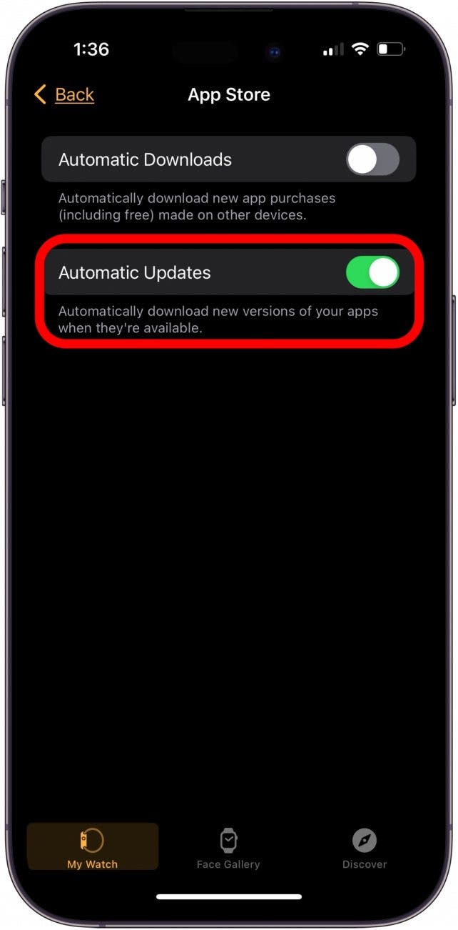 toggle on automatic updates in apple watch app