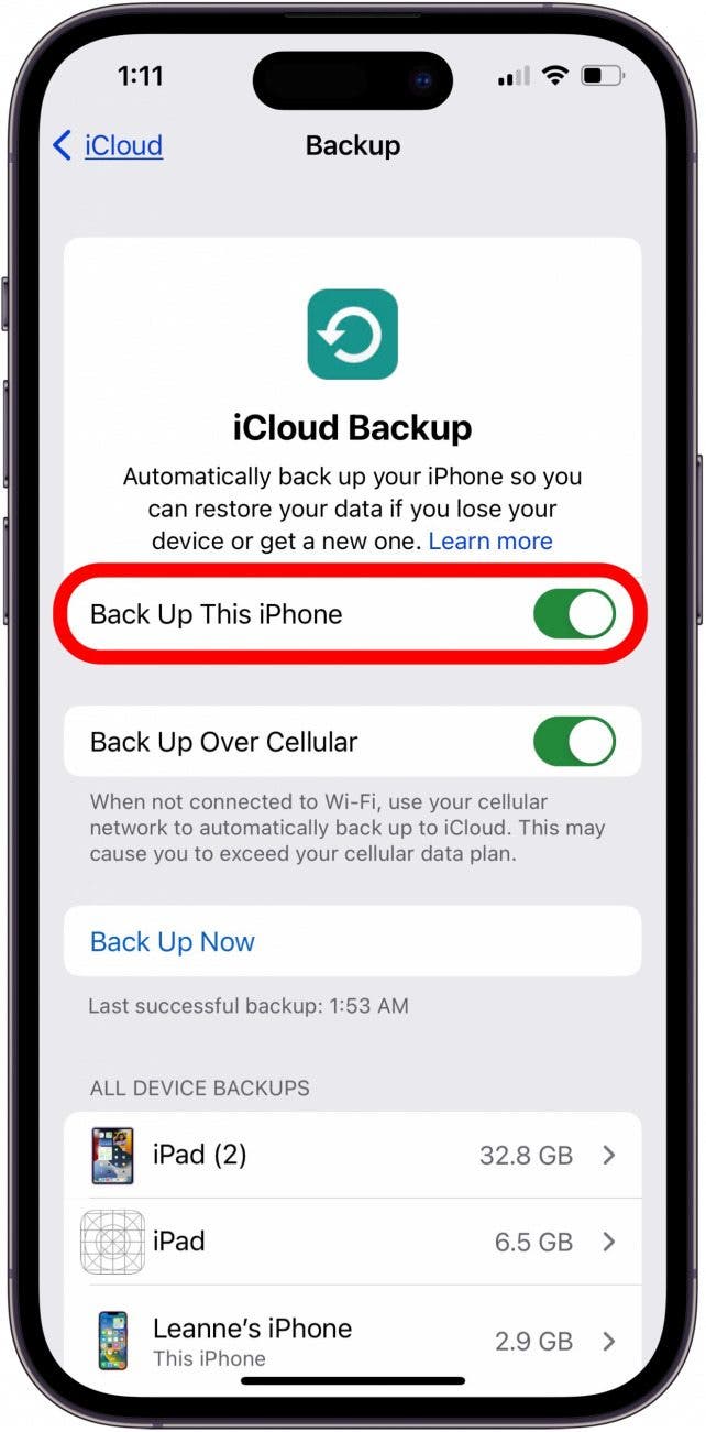 toggle on back up this iphone