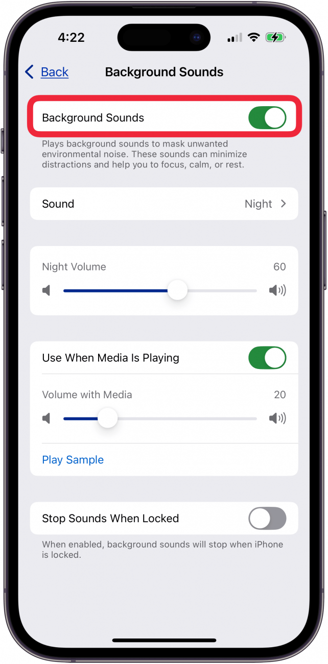 toggle on background sounds to turn on white noise iphone volume