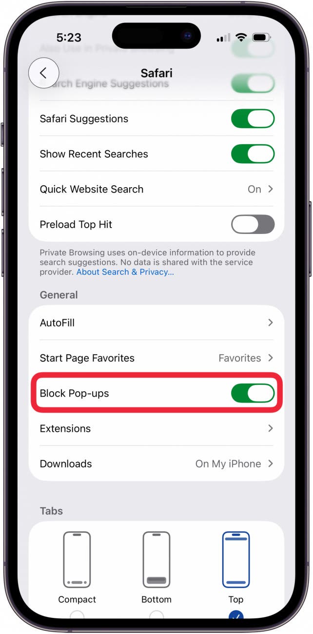 toggle on block pop-ups in safari settings