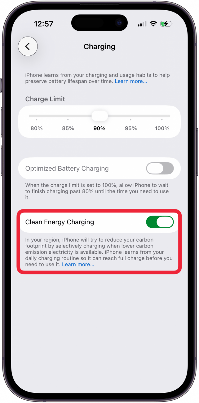 toggle on clean energy charging