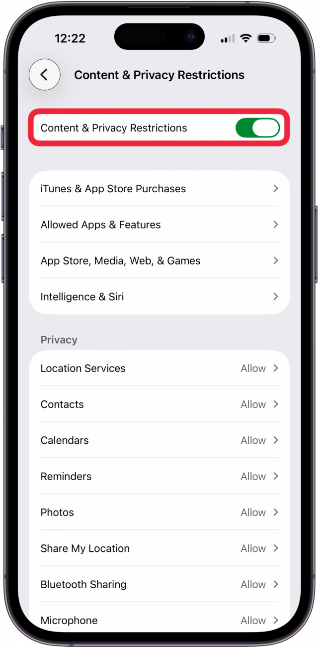 toggle on content and privacy restrictions