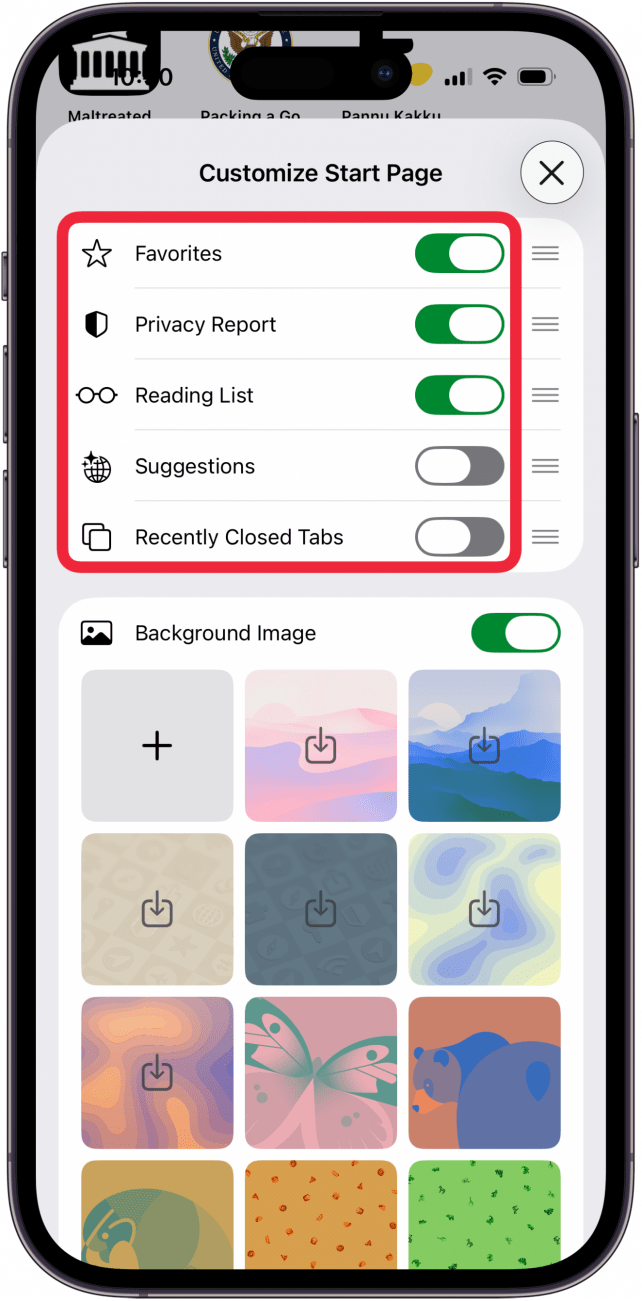 toggle on desired categories