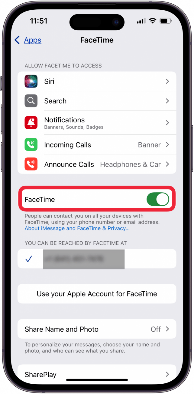 toggle on facetime in facetime apps settings