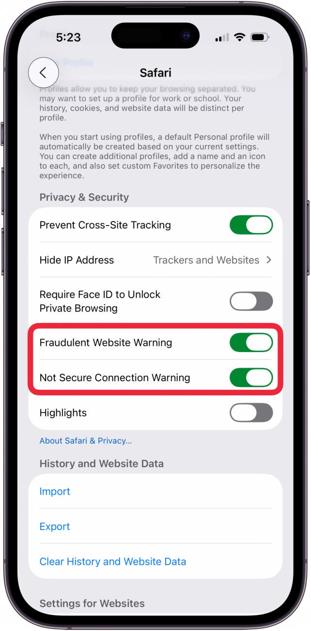 toggle on fraudulent website warning and not secure connection warning