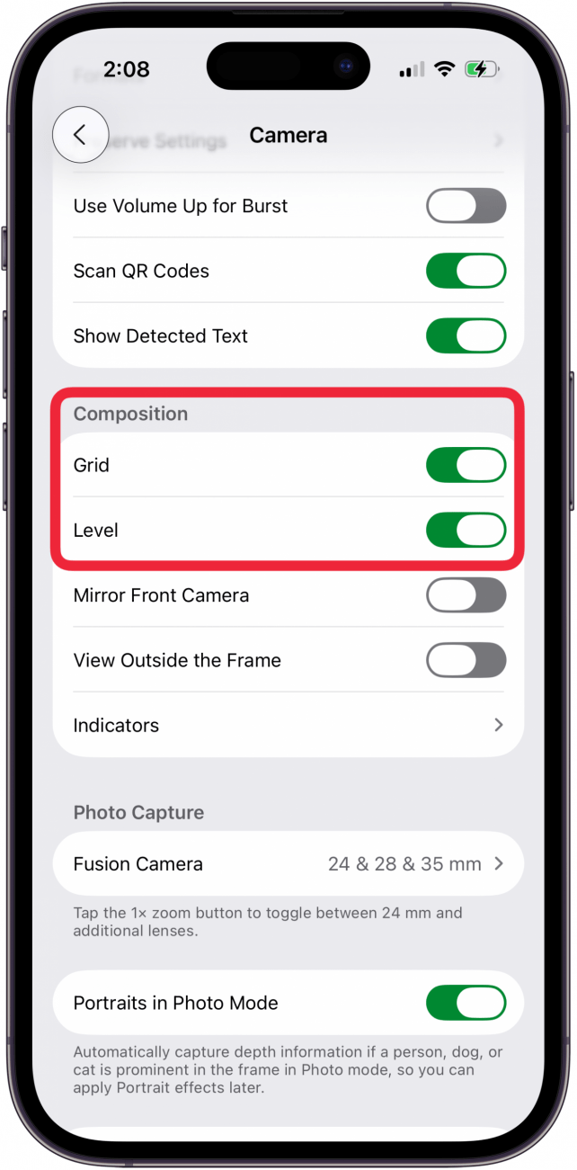 toggle on grid and level in composition