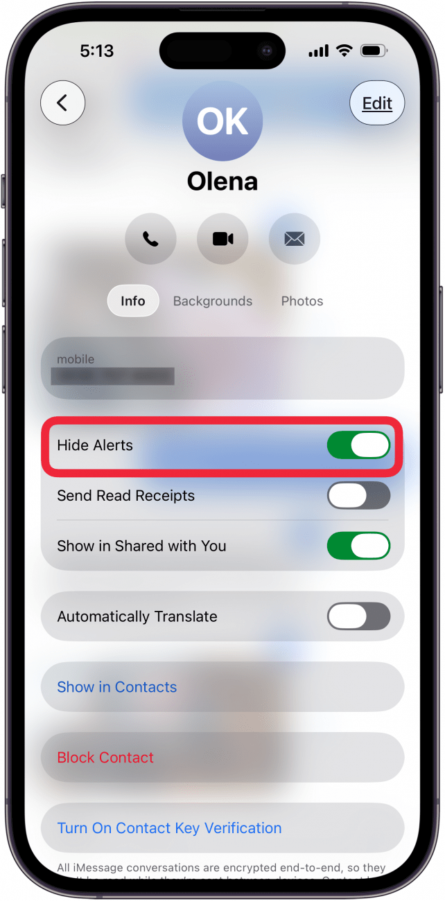 toggle on hide alerts in contact info