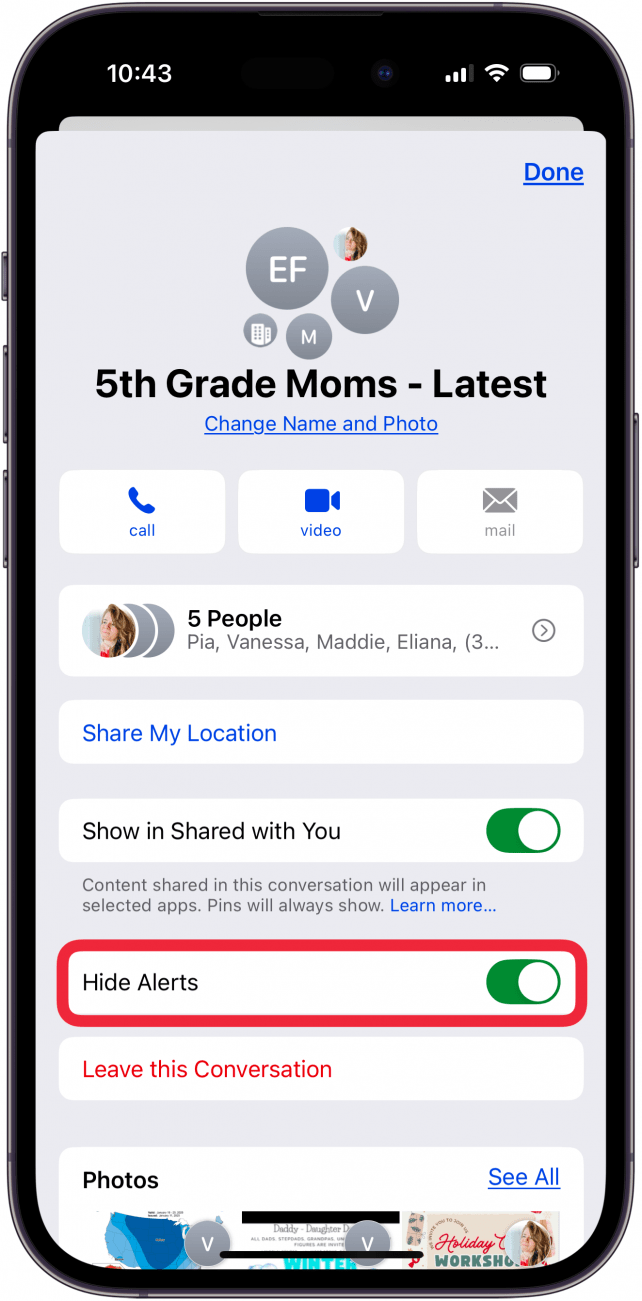 toggle on hide alerts to mute group chats