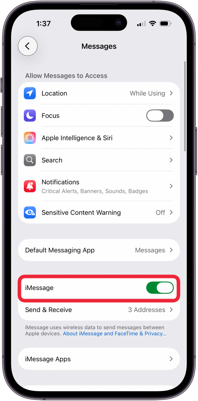 toggle on imessage