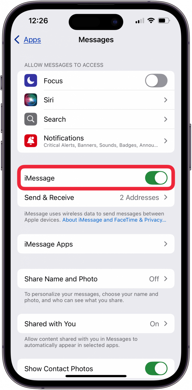 toggle on imessage in messages settings