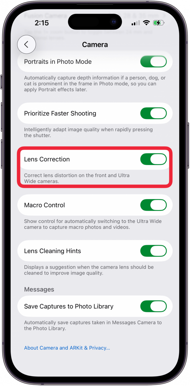 toggle on lens correction in iphone camera settings