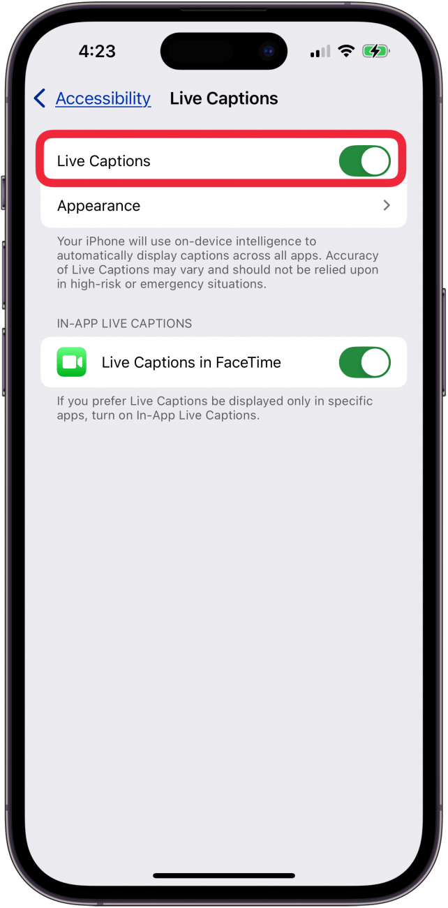 toggle on live captions