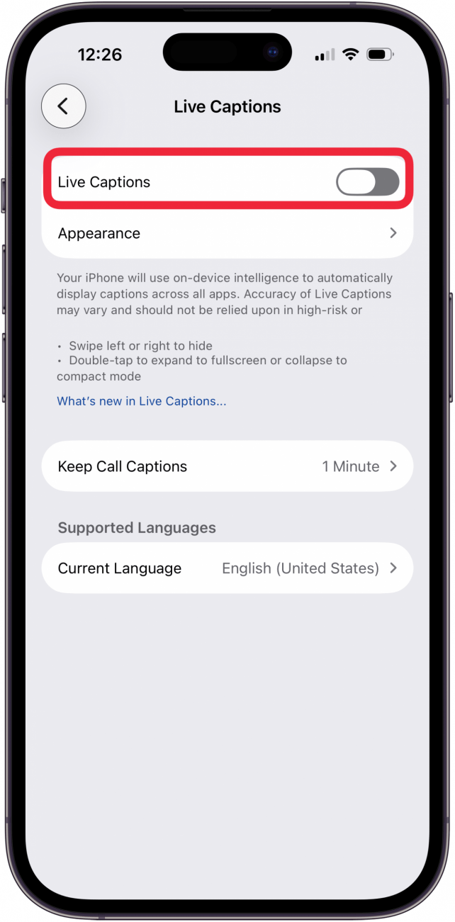 toggle on live captions